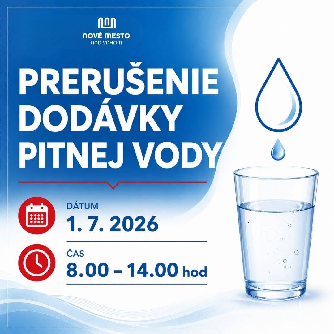 Po dnešnej havárii vodovodného potrubia na Zelenej vode v okolí hotela Perla sa pracovníkom Trenčianskych vodární a kanalizácií podarilo situáciu stabilizovať a obnoviť dodávku pitnej vody. Definitívna oprava poškodeného úseku potrubia sa uskutoční v stredu 1. júla 2026. Z tohto dôvodu bude v lokalite Zelená voda – okolie hotela Perla plánovaná odstávka dodávky pitnej vody od 8.00 do 14.00 hod. Obyvateľov a prevádzkovateľov v dotknutej oblasti prosíme, aby si vopred zabezpečili dostatočnú zásobu pitnej vody. Ďakujeme za pochopenie a trpezlivosť. Plánovaná odstávka dodávky pitnej vody - Zelená voda - Perla - 1.7.2026 | www.nove-mesto.sk