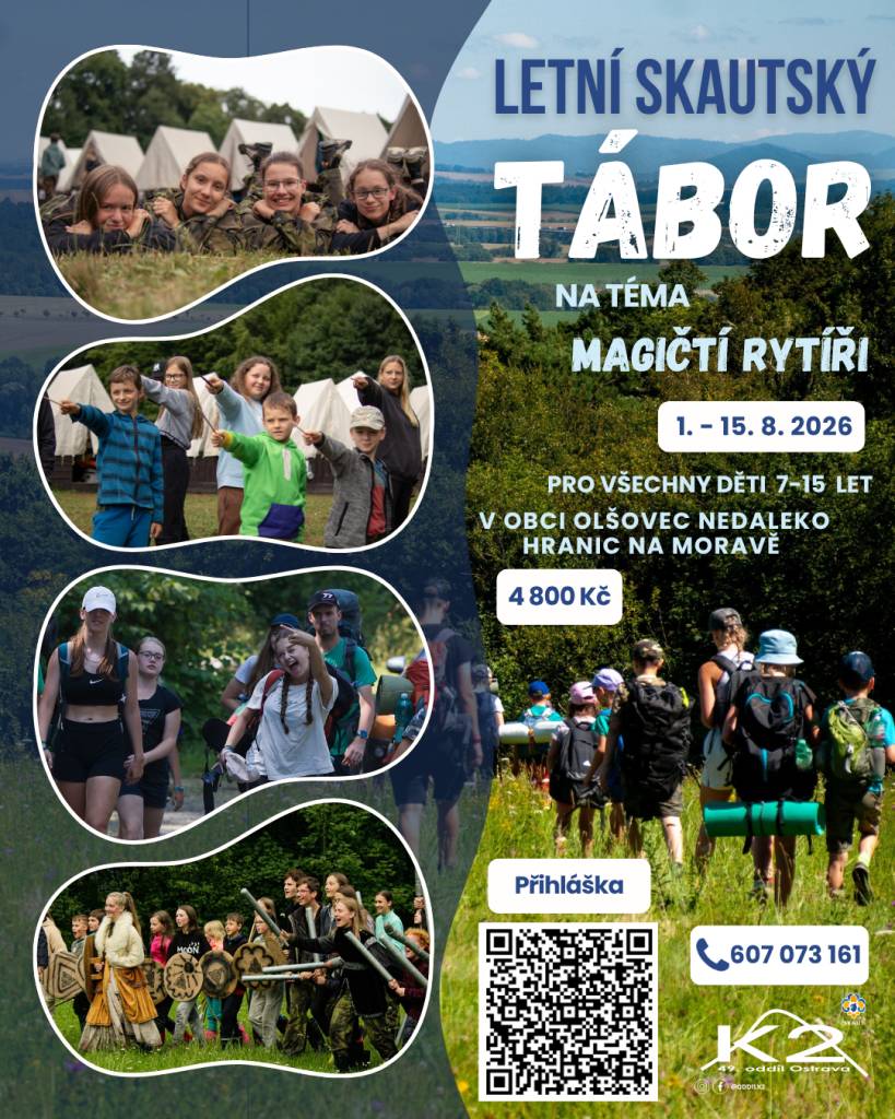 Letní skautský tábor na téma MAGIČTÍ RYTÍŘI je určen všem dětem 7 - 15 let. Termín je 1.-15.8.2026. Cena 4 800 Kč.