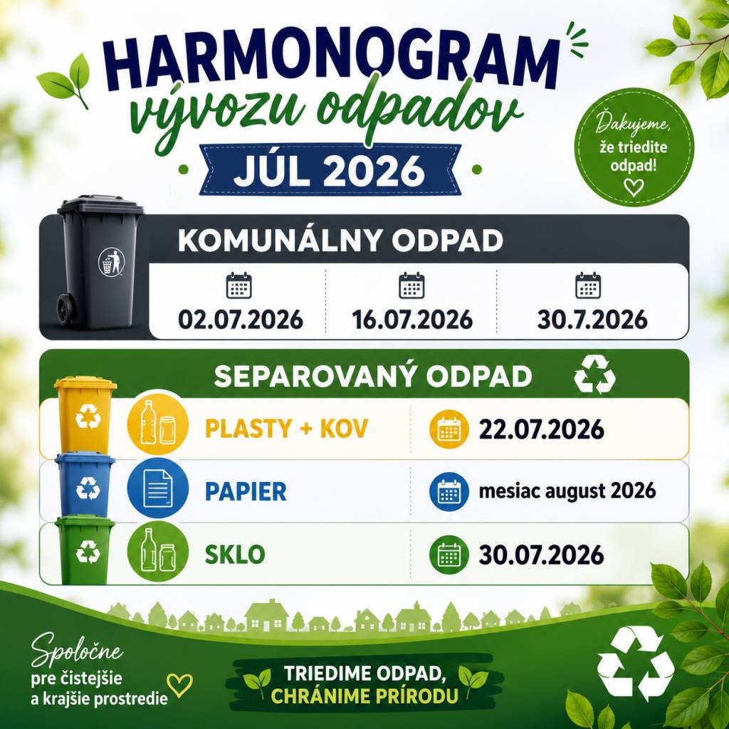 Harmonogram vývozu odpadov JÚL 2026