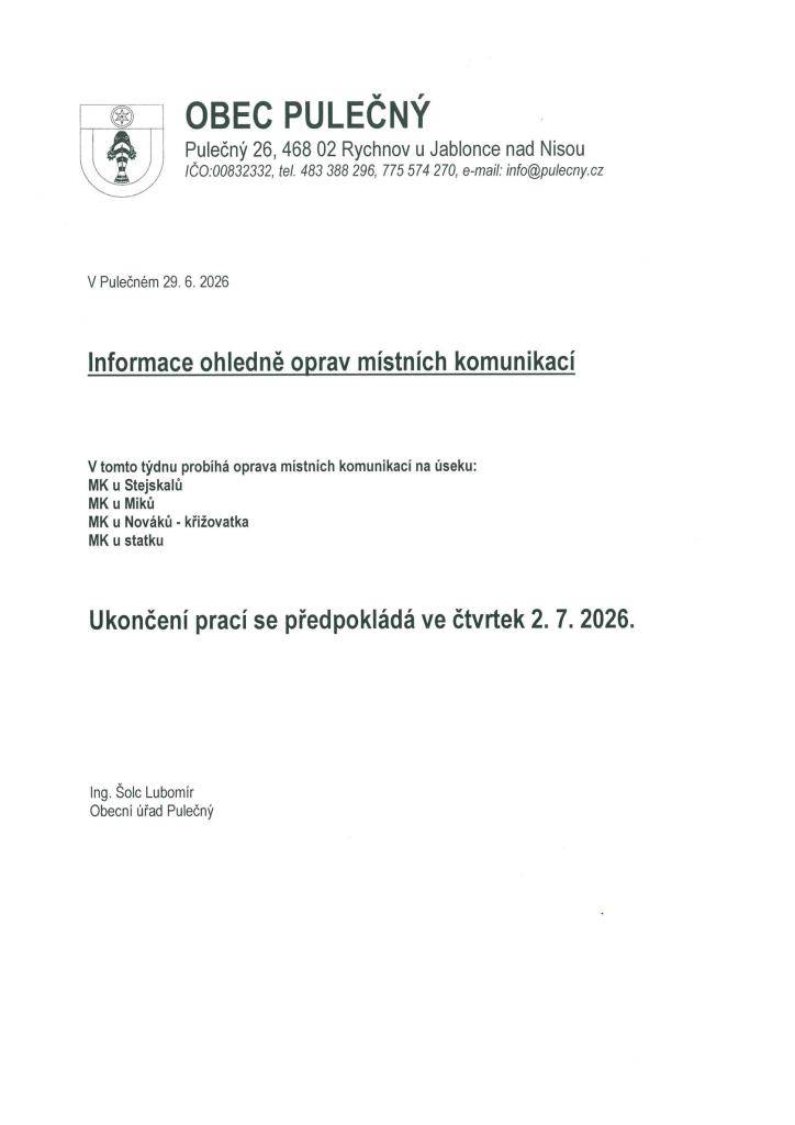 Informace ohledně oprav MK