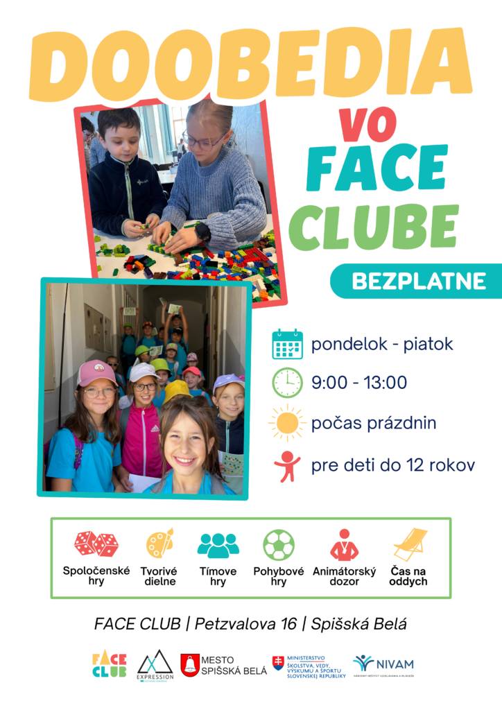 Počas letných prázdnin otvárame FACE CLUB aj v dopoludňajších hodinách. Deti do 12 rokov sa môžu tešiť na program plný hier, tvorenia, pohybových aktivít a nových kamarátstiev v bezpečnom a...