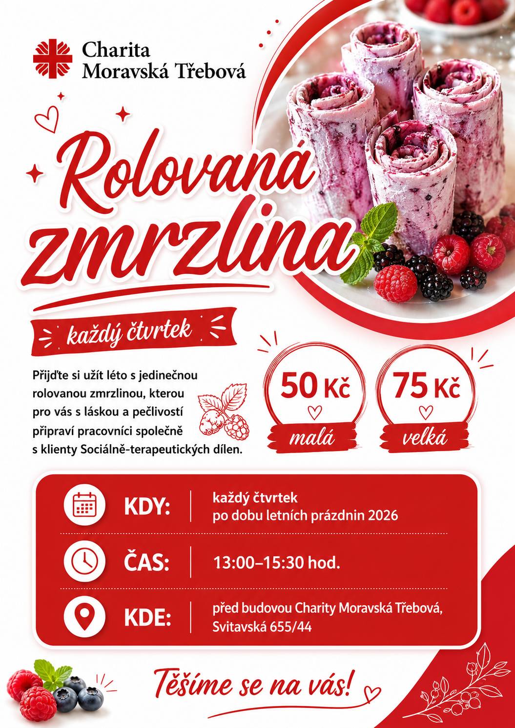 Léto, čtvrtek a něco dobrého na osvěžení? To zní jako ideální kombinace. 😊 Po dobu letních prázdnin pro vás budeme každý čtvrtek od 13:00 do 15:30 hod. připravovat jedinečnou rolovanou zmrzlinu před budovou Charity Moravská Třebová, Svitavská 655/44. Zmrzlinu pro vás s láskou a pečlivostí připraví pracovníci společně s klienty Sociálně-terapeutických dílen. 🍨 malá 50 Kč 🍨 velká 75 Kč Přijďte si zpříjemnit letní den a podpořit dobrou věc. Těšíme se na vás! ❤️
