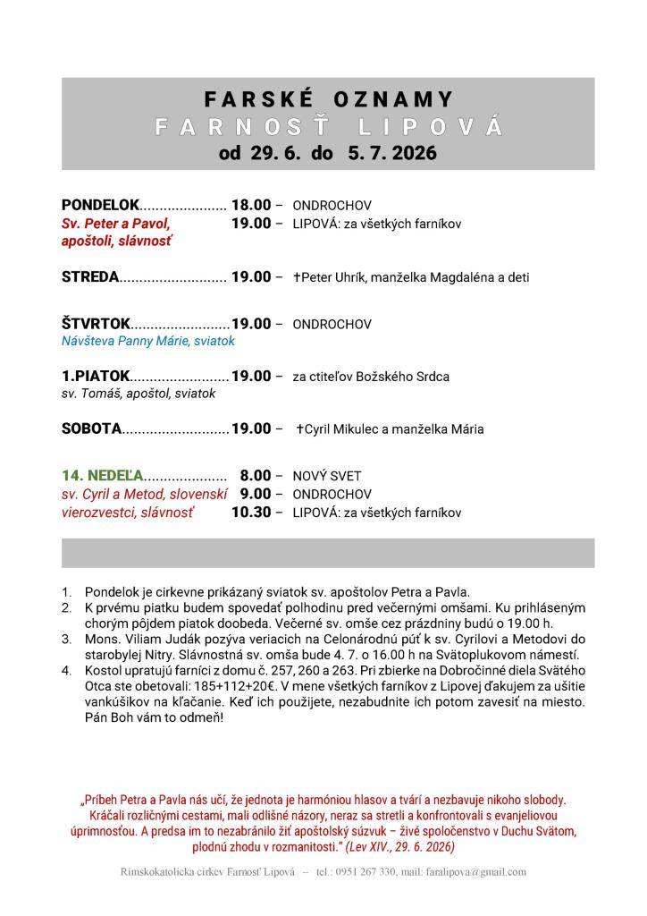 Poriadok bohoslužieb od 29.06. do 05.07.2026