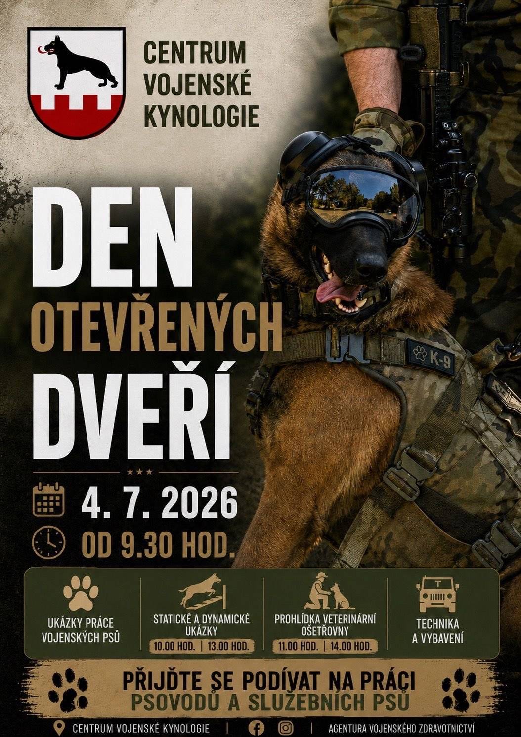 Den otevřených dveří Centra vojenské kynologie Armády České republiky se letos koná 4. července od 9:30  Co si pro vás grabštejnská posádka připravila?   ukázky práce vojenských psů statické a dynamické ukázky - v 10:00 a ve 13:00 prohlídka veterinární ošetřovny - v 11:00 a 14:00  technika a vybavení  Vojenská posádka sídlí v podhradí na grabštejnském zámku. Vstupné je zdarma.  Vstup soukromých psů je do vojenského útvaru zakázán.  Akci pořádá Centrum vojenské kynologie Chotyně.    Veterinární muzeum na hradě Grabštejně V návaznosti na DOD vojenské posádky vypisujeme mimořádné časy prohlídek veterinárního muzea:  prohlídky začínají v: 12:00, 15:00 (v případě velkého zájmu ještě i v 16:00) délka prohlídky je cca 40 - 45 minut vstupné jednotné: 100 Kč  doporučujeme nákup vstupenky přes websale: https://weblist-npu.colosseum.eu/tours?mrsid=201 kapacita prohlídek je omezena