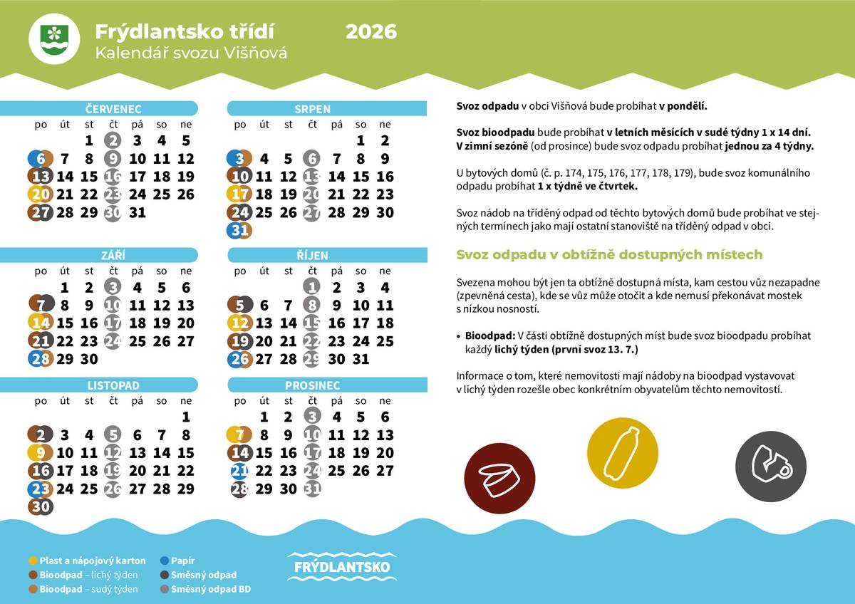 Kalendáře jsou vytištěné a k odběru na Obecním úřadu ve Višňové. Aplikace Můj Odpad již také funguje. Bioodpad: V části obtížně dostupných míst bude svoz bioodpadu probíhat každý lichý týden (první svoz 13. 7.) Informace o tom, které nemovitosti mají nádoby na bioodpad vystavovat v lichý týden rozešle obec konkrétním obyvatelům těchto nemovitostí - budeme vás kontaktovat dnes, tedy v pondělí 29.6.2026. Někteří občané ještě nádoby na tříděný odpad nemají, do prvního svozu (6.7.2026) budou všechny nádoby rozvezeny. V případě dotazů kontaktujte Obecní úřad.