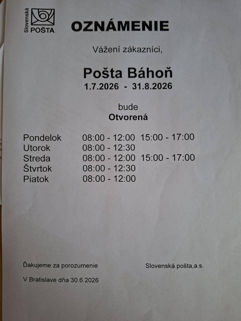 Pošta Báhoň informuje občanov o zmene otváracích hodín od.01.07. do 01.08.2026