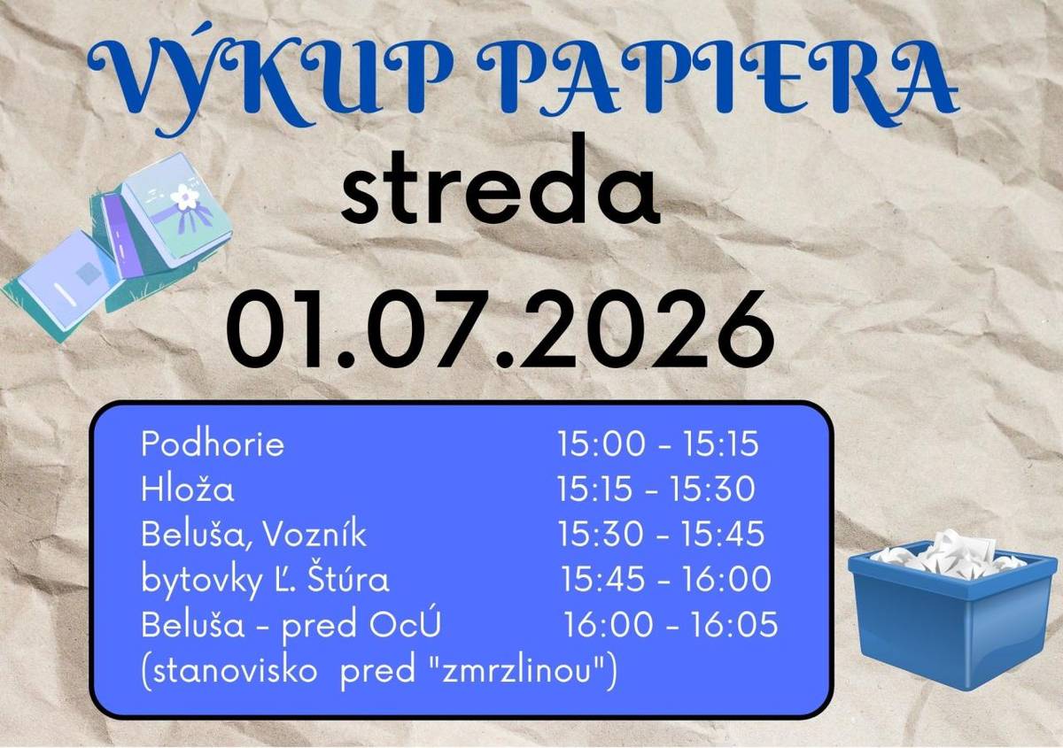 Od 15:00 Podhorie, 15:15 Hloža, 15:30 Vozník, 15:45 bytovky, 16:00 OcÚ Beluša