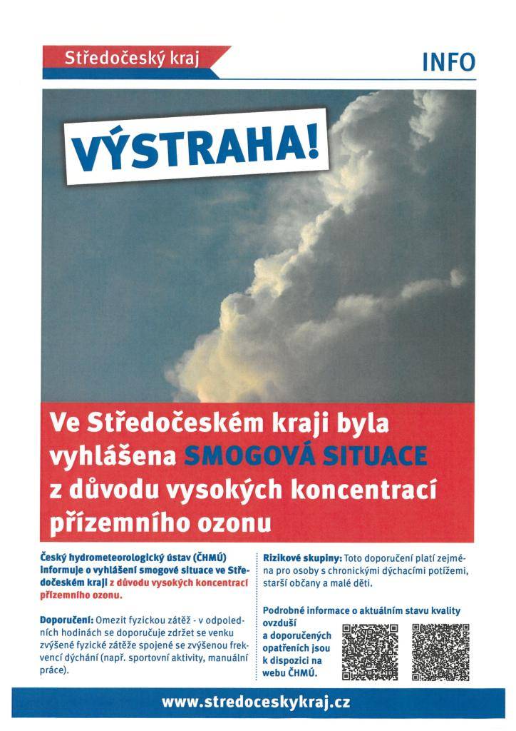 Vyhlášení smogové situace z důvodu vysokých koncentrací přízemního ozonu
