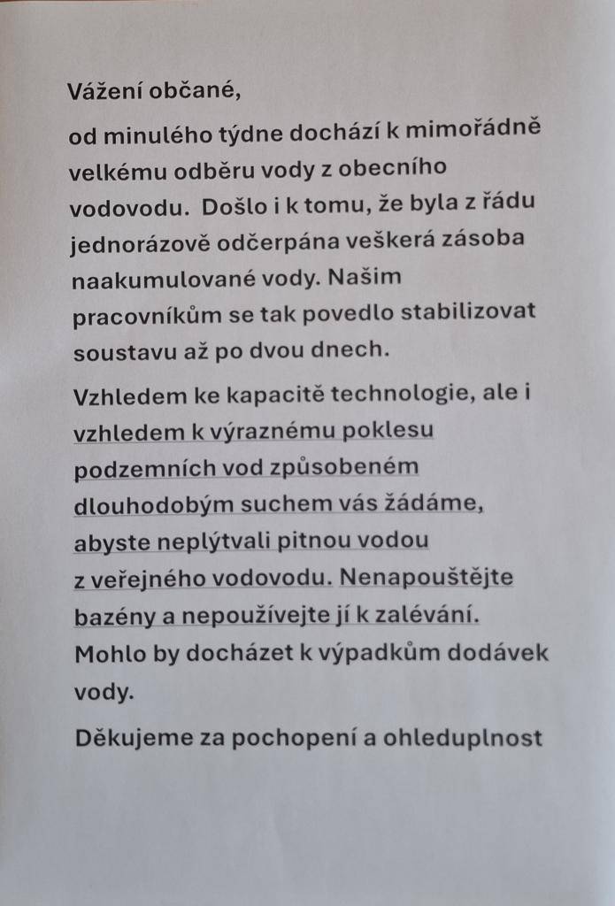 PROSÍME O ŠETRNÉ VYUŽÍVÁNÍ PITNÉ VODY!!!