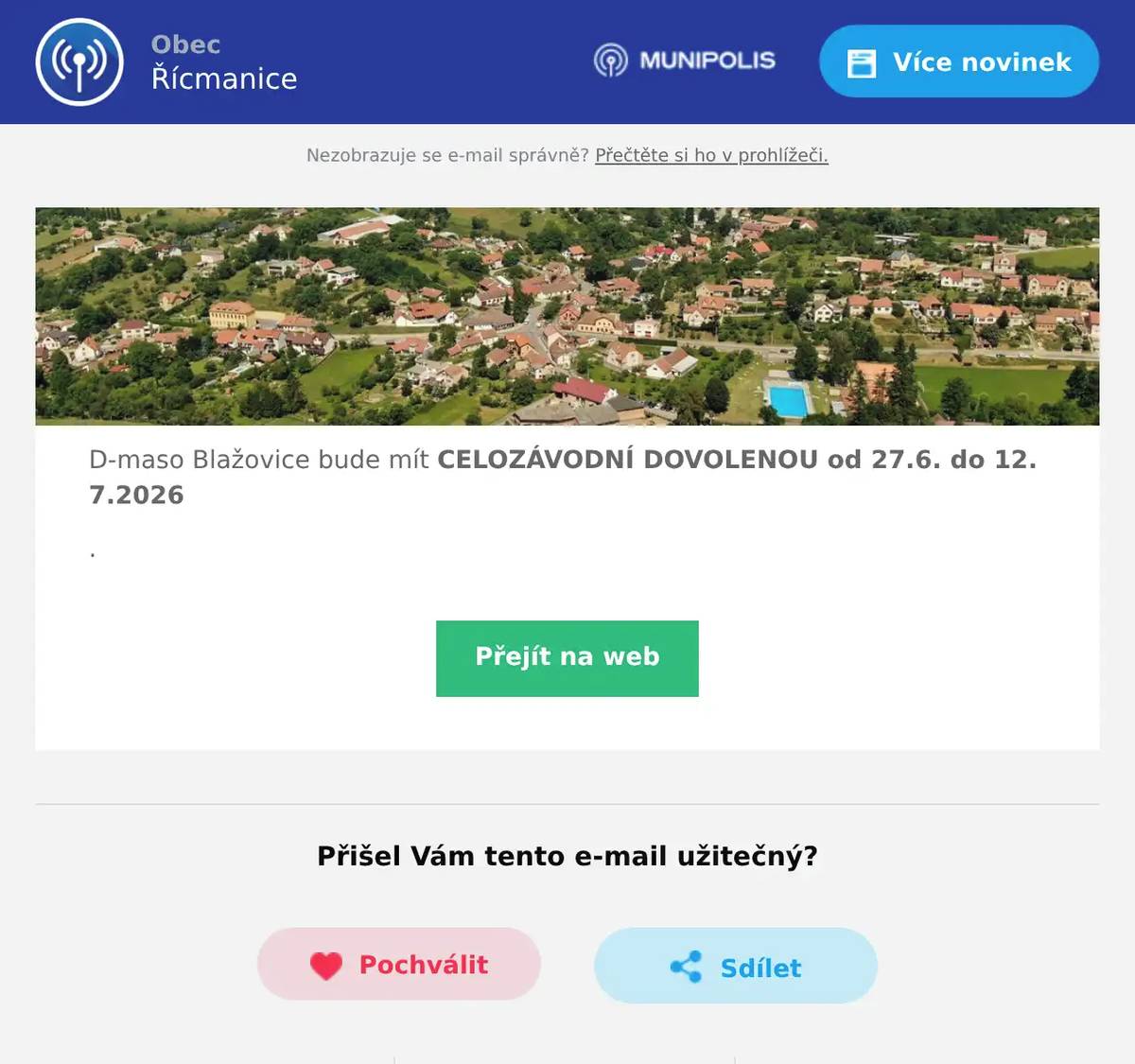 D-maso Blažovice bude mít CELOZÁVODNÍ DOVOLENOU od 27.6. do 12. 7.2026 .