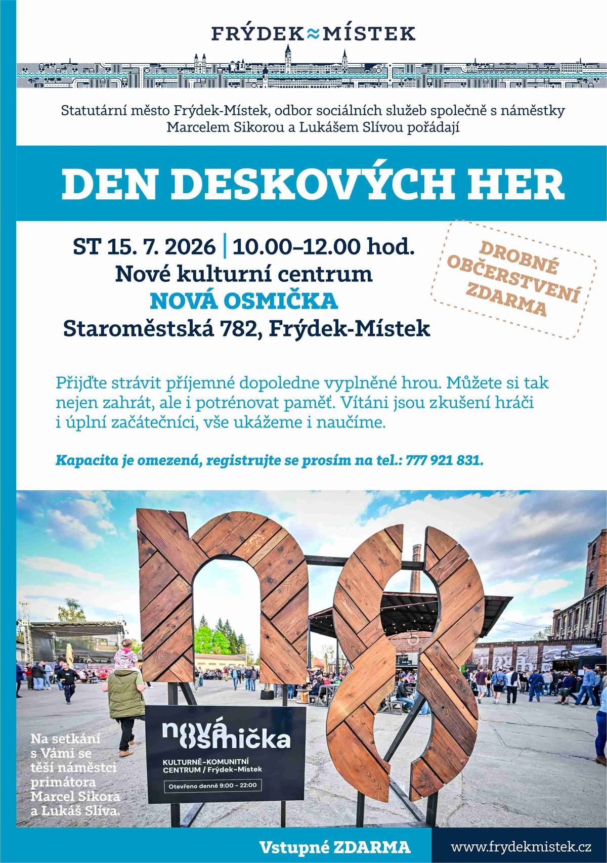 Přijďte strávit dopoledne s deskovými hrami tentokrát do prostor Nové Osmičky. Těšíme se na Vás 15. 7. 2026 od 10:00 – 12:00 hodin. Vítáni jsou zkušení hráči i úplní začátečníci.