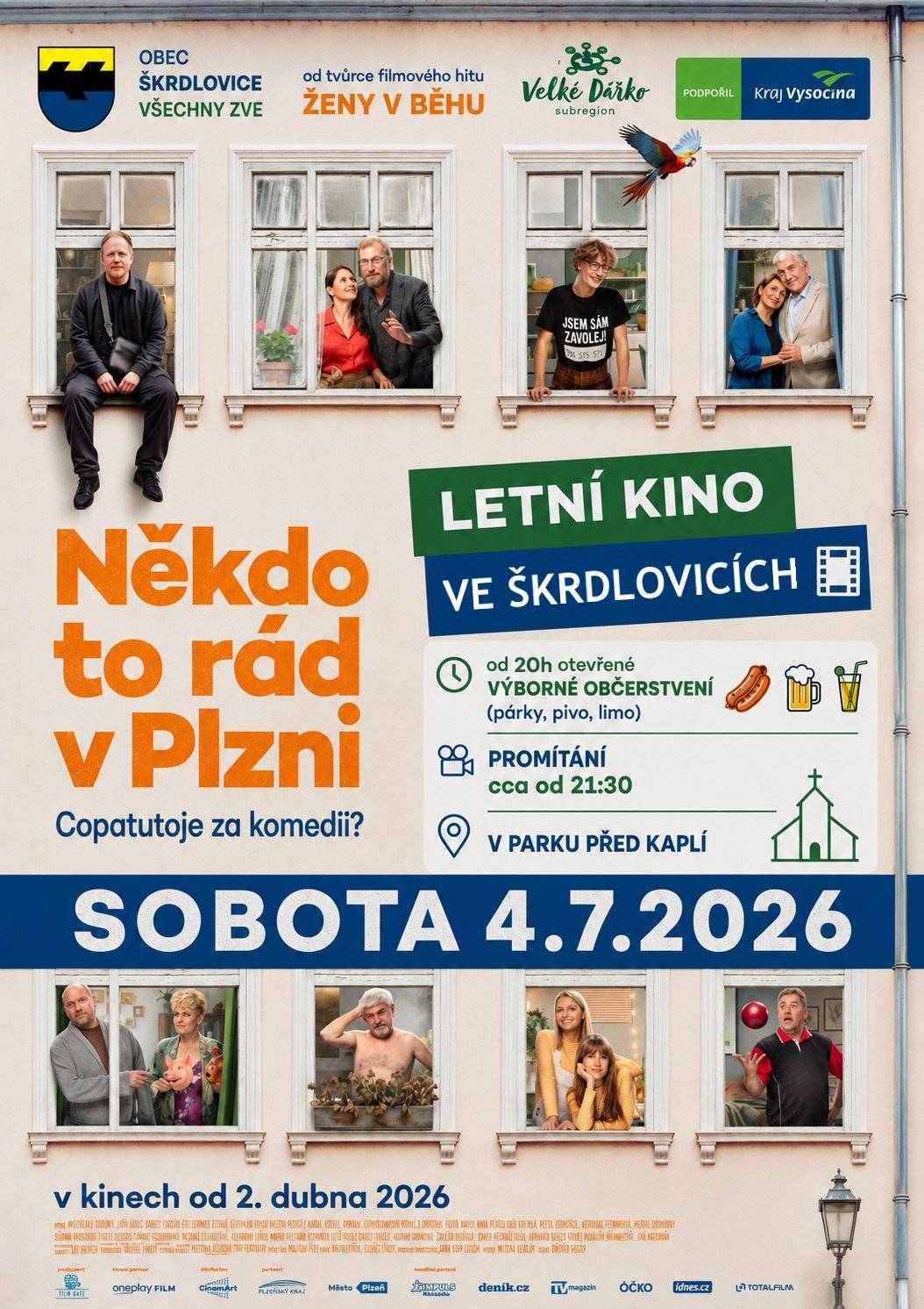 📢 Obec Škrdlovice ve spolupráci se Subregionem Velké Dářko zve všechny občany a návštěvníky na promítání letního kina. 🎥 V sobotu 4. července 2026 uvedeme novou českou komedii „Někdo to rád v Plzni“ od tvůrců filmu Ženy v běhu. 🍺 Občerstvení bude otevřeno od 20:00 hodin. Těšit se můžete na pivo, limo a další dobroty od SDH Škrdlovice. 🎬 Samotné promítání začne přibližně ve 21:30 hodin. 📍 Promítáme v parku před kaplí ve Škrdlovicích. Vezměte si deku, dobrou náladu a přijďte si užít příjemný letní večer pod širým nebem. Těšíme se na vás! 🎞️✨