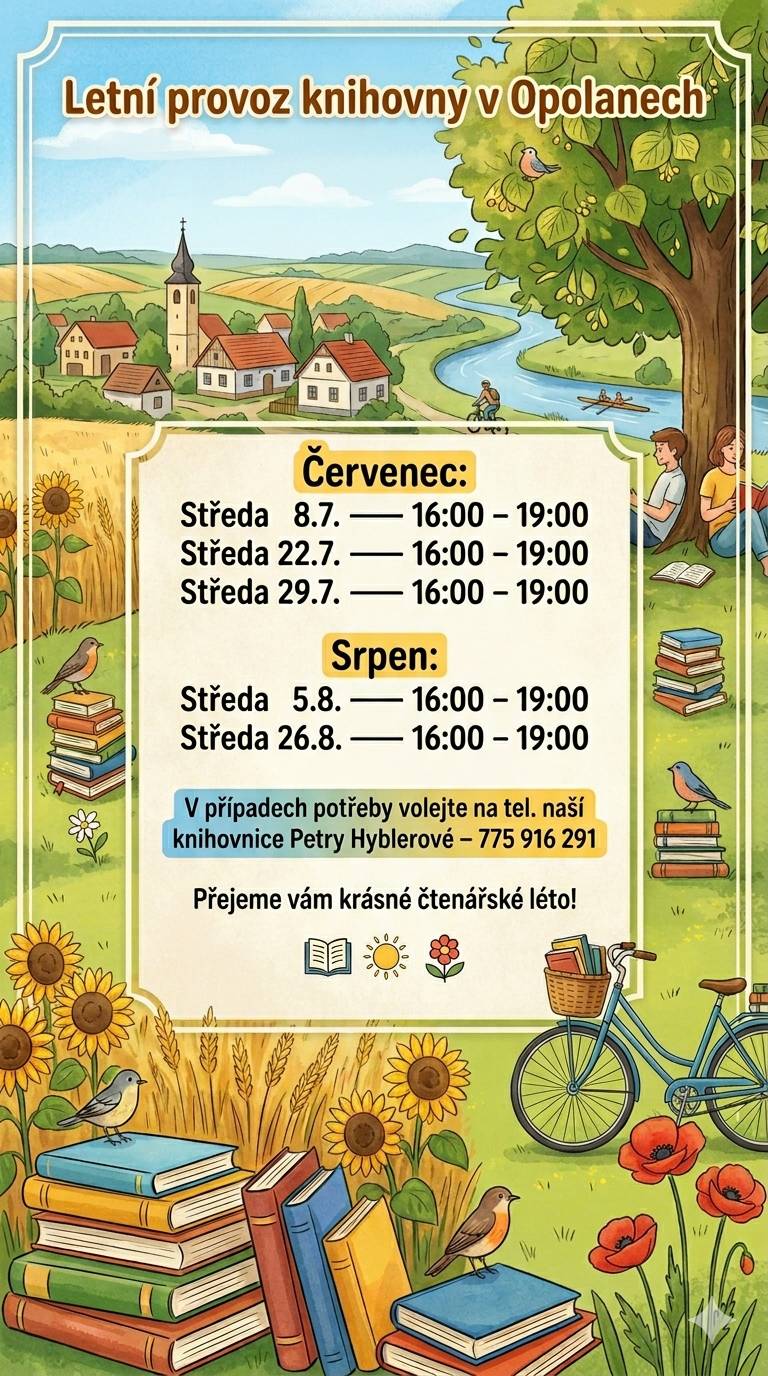 ☀️ Letní provoz knihovny v Opolanech ☀️ Léto je jako stvořené pro čtení pod širým nebem! Ať už se chystáte k vodě, na kolo, nebo jen tak lenošit na zahradě, nezapomeňte se zásobit skvělým čtením. Během prázdnin nás můžete navštívit v tyto dny: 📅 Červenec Středa 8. 7. — 16:00 – 19:00 Středa 22. 7. — 16:00 – 19:00 Středa 29. 7. — 16:00 – 19:00 📅 Srpen Středa 5. 8. — 16:00 – 19:00 Středa 26. 8. — 16:00 – 19:00 📞 Potřebujete něco urgentně vyřídit nebo vrátit? V případech potřeby neváhejte zavolat naší knihovnici Petře Hyblerové na telefonní číslo: 775 916 291. Přejeme vám krásné léto plné slunce, pohody a skvělých příběhů!