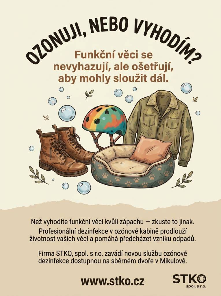 Od 1. července 2026 bude na sběrném dvoře v Mikulově dostupná nová služba ozónové dezinfekce od firmy STKO, spol. s r.o. Tato metoda pomůže prodloužit životnost vašich věcí a snížit množství odpadu. Profesionální dezinfekce v ozónové kabině je ideální volbou pro ty, kteří nechtějí vyhazovat funkční