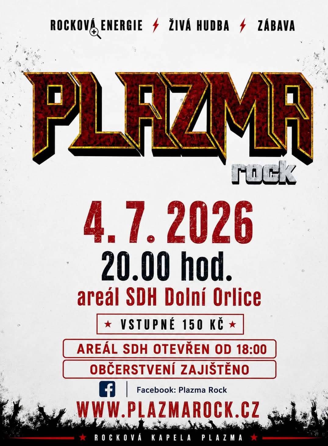 V pátek 4. července 2026 dorazí do areálu SDH Dolní Orlice rocková kapela Plazma Rock, která se postará o pořádnou dávku živé hudby, energie a skvělé atmosféry. 📅 4. 7. 2026 🕗 Začátek koncertu ve 20.00 hodin 🚪 Areál otevřen od 18.00 hodin 📍 Areál SDH Dolní Orlice 🎟️ Vstupné: 150 Kč Po celý večer bude zajištěno občerstvení, takže si stačí vzít dobrou náladu a přijít si užít letní rockový večer s kapelou Plazma Rock. Těšíme se na vás! 🤘🎶