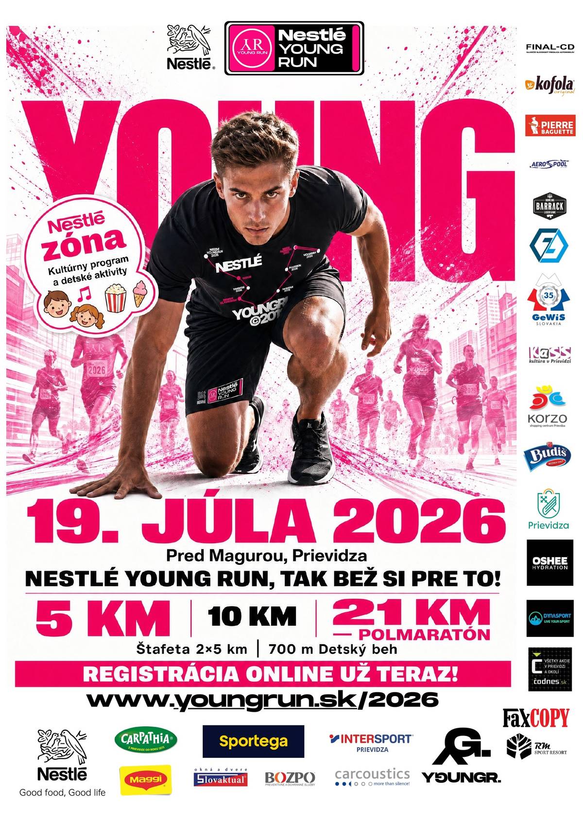 V sobotu 19. júla privíta Prievidza už 6. ročník Nestlé YOUNG RUN, ktorý patrí medzi najväčšie letné bežecké podujatia v regióne. Na štarte sa očakáva viac ako 600 bežcov zo Slovenska aj zo zahraničia. Čakajú vás trate na 5 km, 10 km aj polmaratón, detské behy, sprievodný program, zóny pre rodiny a skvelá atmosféra v uliciach nášho mesta. Či už sa postavíte na štart alebo prídete povzbudiť bežcov, čaká vás deň plný športu, energie a výborných zážitkov. 📅 19. júl 2026 📍 Prievidza 🔗 Registrácia: www.youngrun.sk Tešíme sa na vás!