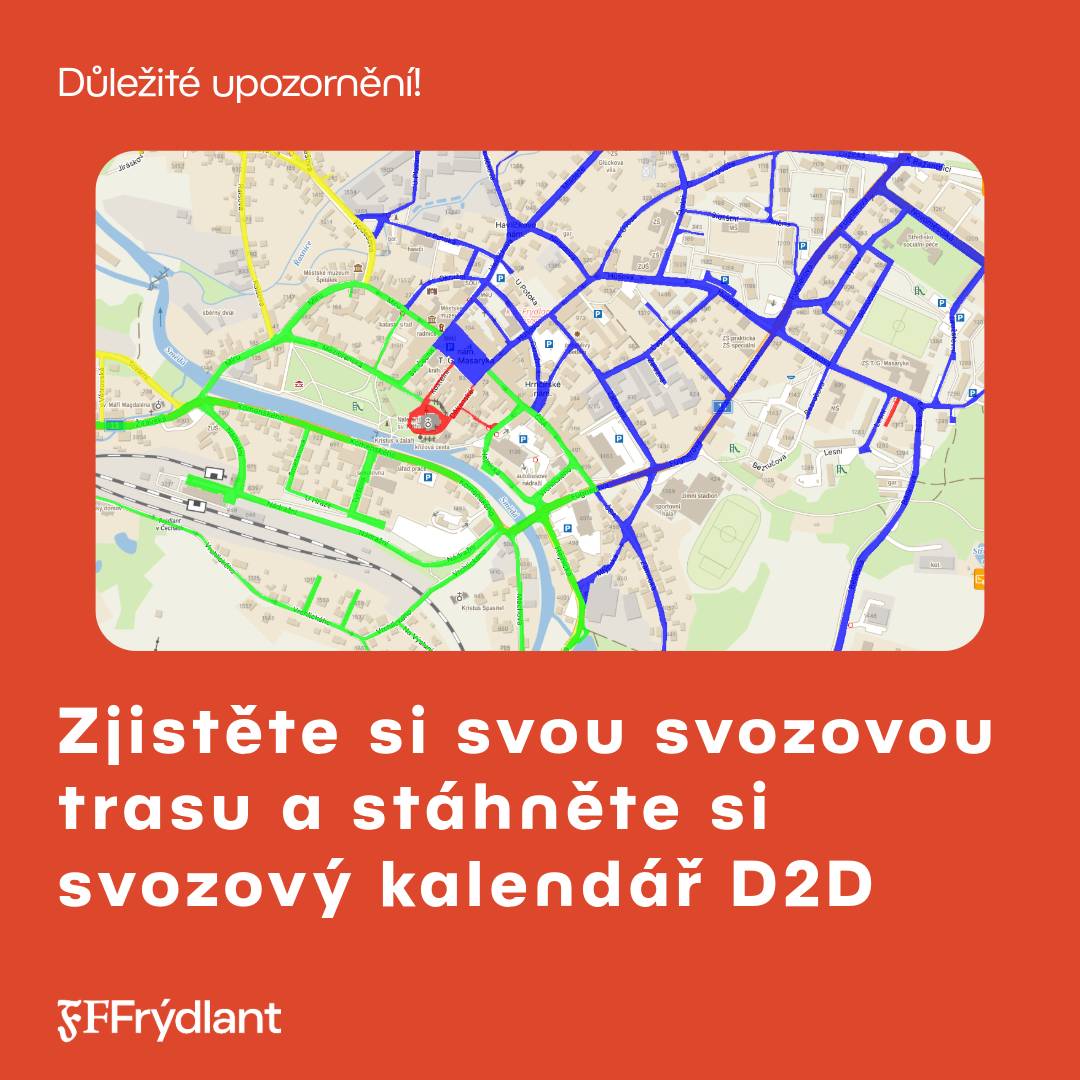Od 1. července 2026 začne ve Frýdlantu platit nový systém svozu odpadů pro rodinné domy a menší bytové domy (netýká se sídlišť). 📅 První svoz podle nového harmonogramu proběhne už v pátek 3. července. Na webu města najdete přehledně všechny důležité informace: ✅ jak zjistit svou svozovou trasu, ✅ návod ke Geoportálu, ✅ svozový kalendář ke stažení, ✅ kontakty pro případ dotazů. 👉 Vše najdete zde: https://www.mesto-frydlant.cz/cs/obcan/mestsky-urad/odpadove-hospodarstvi/aktuality/svozovy-kalendar-d2d-novy-system-svozu-odpadu-startuje-uz-zitra.html Pokud si s čímkoliv nebudete jistí, obraťte se na odbor majetkosprávní Městského úřadu Frýdlant – p. Součková, tel. 488 886 302. Během tohoto týdne obdrží domácnosti do svých poštovních schránek také papírovou verzi kalendáře svozu odpadů pro Frýdlant. Děkujeme za trpělivost. První týdny mohou přinést drobné nejasnosti, ale společně nový systém doladíme tak, aby fungoval co nejlépe.