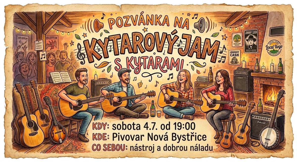 Pivovar Nová Bystřice všechny srdečně zve na kytarový jam, který se uskuteční v sobotu 4. července 2026 od 19.00 hodin. S sebou si vezměte dobrou náladu a případně i nástroj!