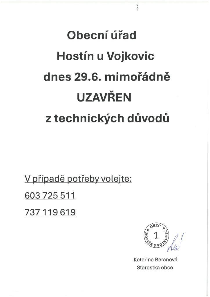 dnes 29.6. Obecní úřad mimořádně z technických důvodů uzavře