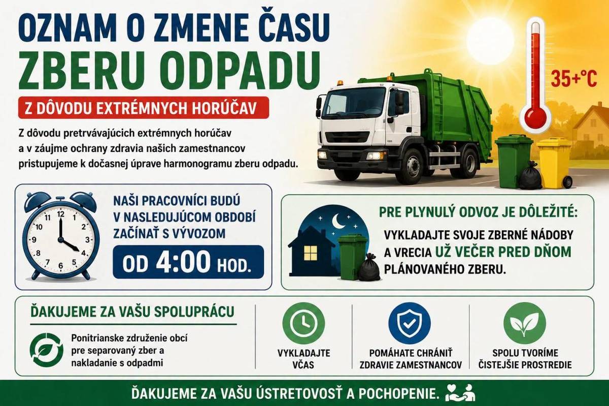 Z dôvodu pretrvávajúcich extrémnych horúčav a v záujme ochrany zdravia svojich zamestnancov pristupuje PZO k dočasnej úprave harmonogramu zberu odpadu. V nasledujúcom období sa bude vývoz začínať od 4.00 hod.