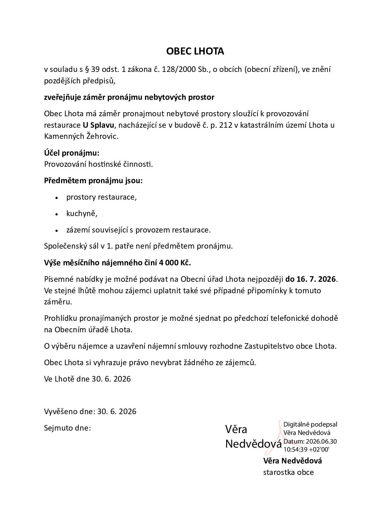 Obec Lhota má záměr pronajmout nebytové prostory sloužící k provozování restaurace U Splavu.