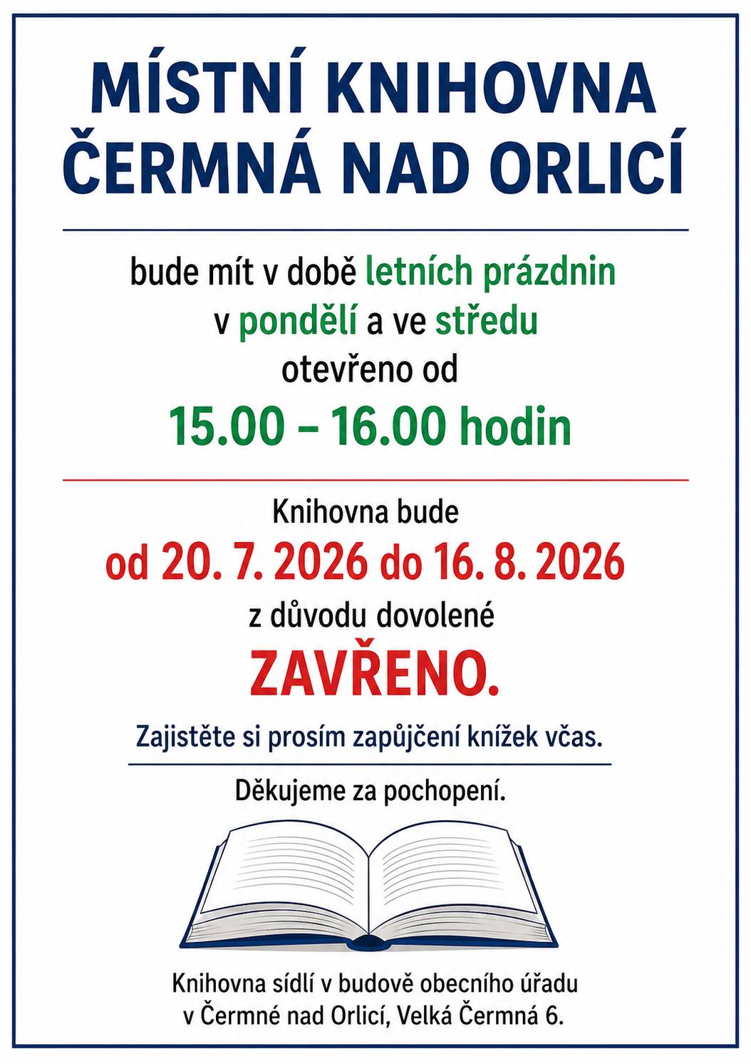 Místní knihovna Čermná nad Orlicí - otevírací doba o letních prázdninách.