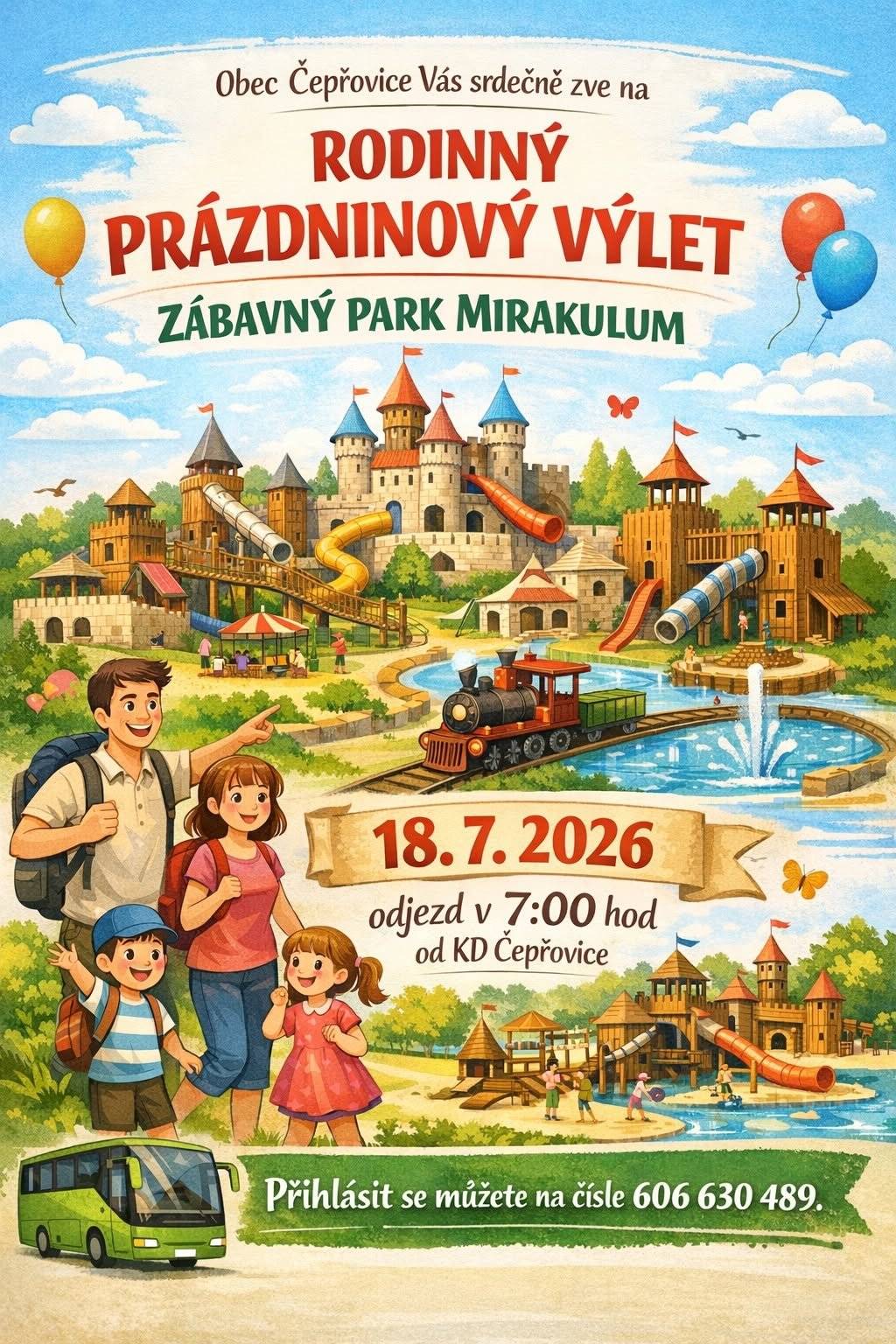 Vážení občané,   do pátka 3. 7. 2026 máte poslední možnost přihlásit se na RODINNÝ PRÁZDNINOVÝ VÝLET - pojedeme opět do rodinného parku Mirakulum.   Termín je 18.7.2026 odjezd v 7:30 hodin od KD Čepřovice.   Cena je 400 Kč/osoba/doprava. (vstup hradí obec díky podpoře z grantu MPSV).   Přihlásit se můžete na čísle 606 630 489