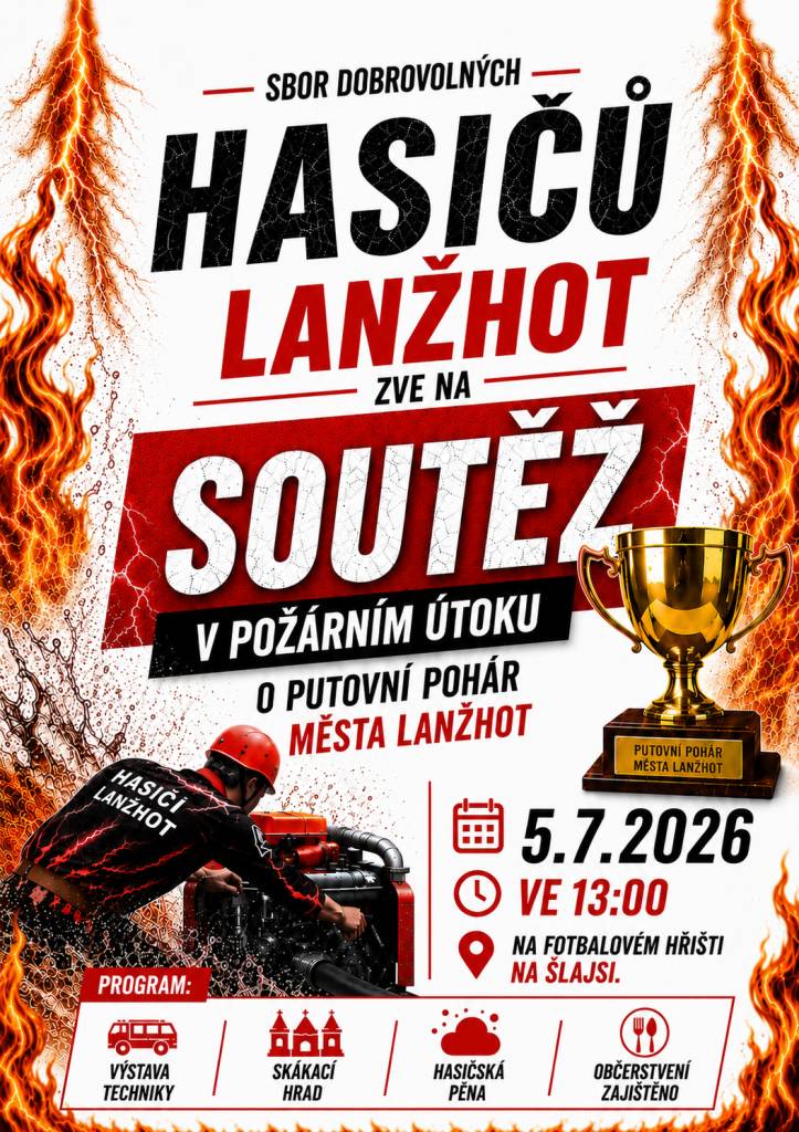 Přijďte si užít pořádnou dávku adrenalinu a zábavy!  SDH Lanžhot vás srdečně zve na jubilejní 26. ročník soutěže v požárním útoku „O putovní pohár města Lanžhot“.  Neděle 5. 7. od 13 hod. fotbalové hřiště Na Šlajsi.  Pro více informací rozklikněte.