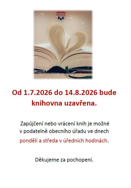 Knihovna bude uzavřena od 1. 7. 2026 do 14. 8. 2026.
