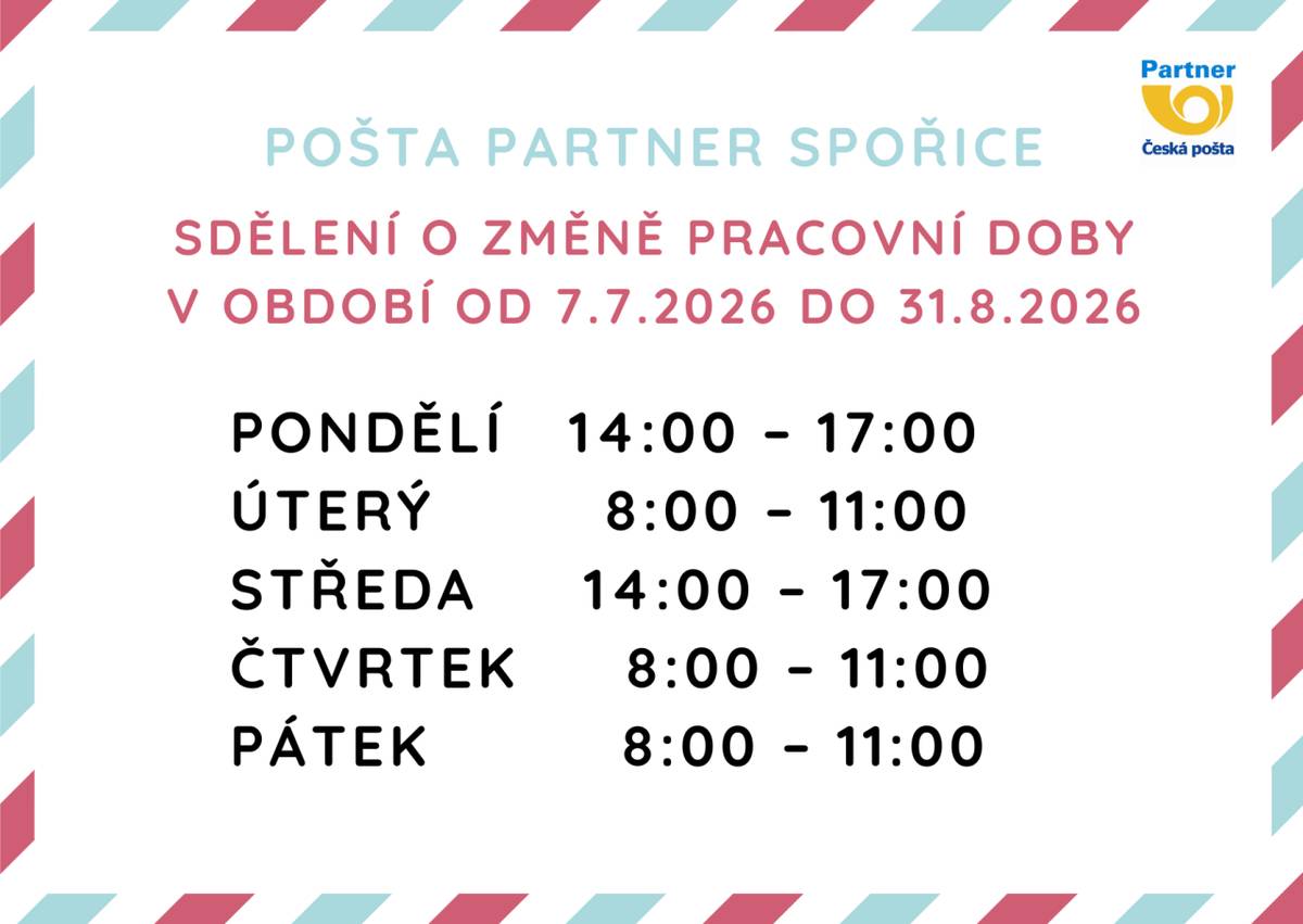 Sdělení o změně pracovní doby v letním období od 7.7. do 31.8.2026.
