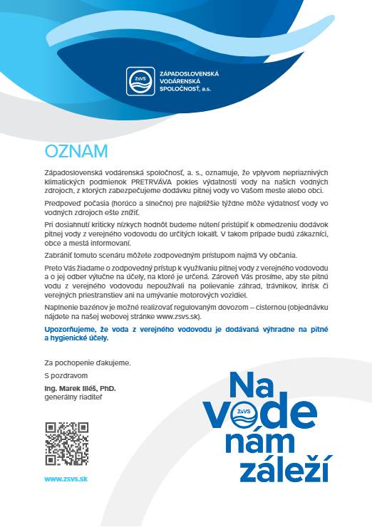 Oznam ZSVS, a.s. o pretrvávaní poklesu výdatnosti vody