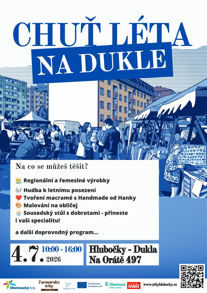 Akce zaměřená na regionální a řemeslné výrobky se koná 10. července 2026 v Hlubočkách. Můžete se těšit na hudbu, tvoření macramé a malování na obličej. Přineste také vaši oblíbenou specialitu na sousedský stůl s dobrotami a užijte si pestrý program od 10:00 do 16:00.