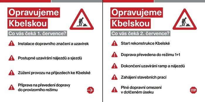 1. července Během dne bude probíhat instalace dopravního značení, zúžení jízdních pruhů a postupné uzavírání nájezdů a sjezdů. Cílem je připravit komunikaci na nový dopravní režim, ve kterém bude rekonstrukce probíhat. 2. července V nočních a ranních hodinách dojde k postupnému převedení dopravy do režimu 1+1 a následně začne platit plné dopravní omezení. Současně budou zahájeny samotné stavební práce. Prosíme řidiče, aby v prvních dnech věnovali zvýšenou pozornost dopravnímu značení a počítali s možným zdržením. Aktuální informace o rekonstrukci Kbelské a souvisejících omezeních budeme průběžně zveřejňovat na našich sociálních sítích a na portálu opravujeme.to TSK