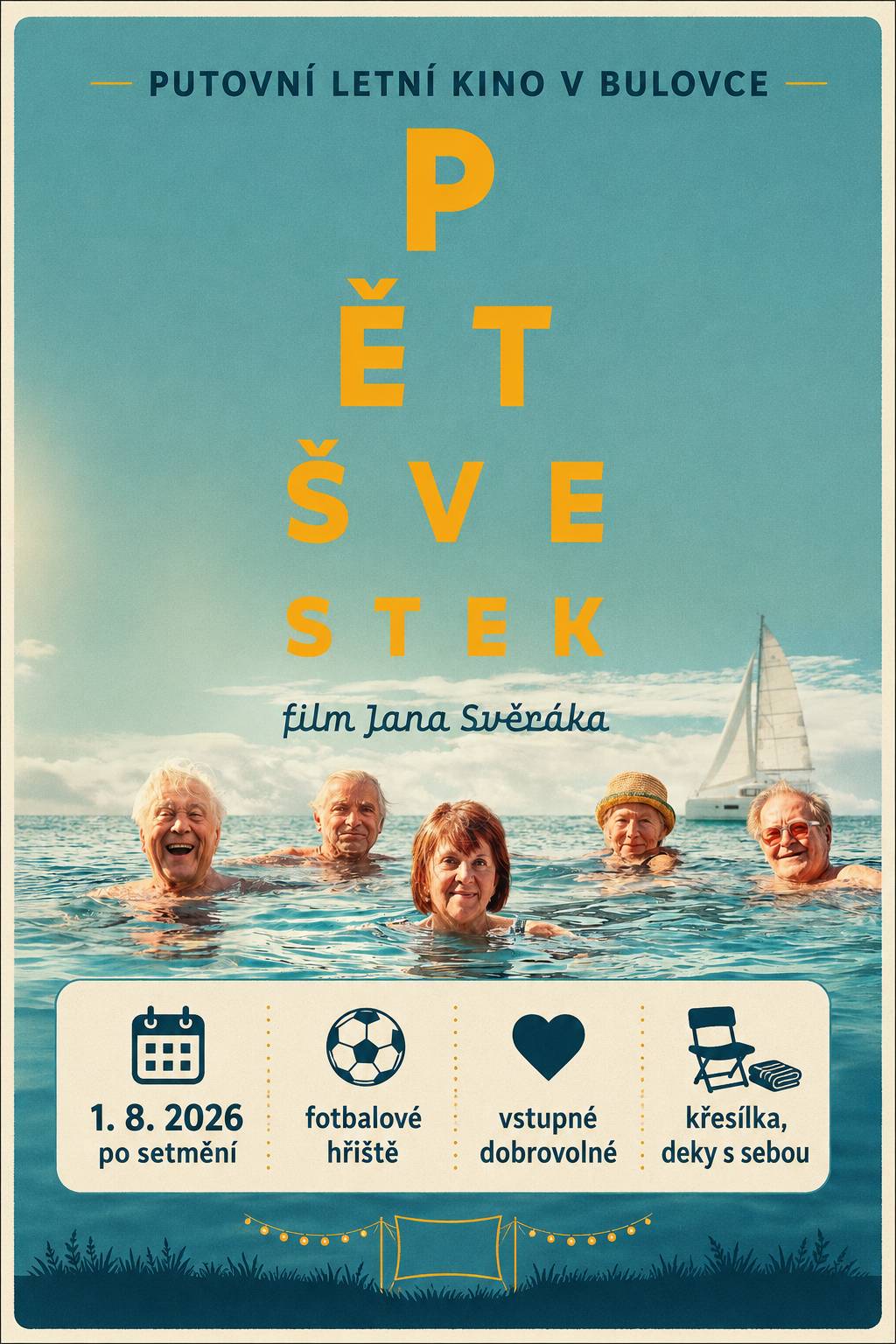V sobotu 1. srpna 2026 po setmění vás zveme na fotbalové hřiště v Bulovce na promítání filmu Pět švestek. Místo: fotbalové hřiště Bulovka Kdy: 1. 8. 2026 po setmění Vstupné: dobrovolné Vezměte si s sebou křesílka, deky a dobrou náladu. Těšíme se na vás!