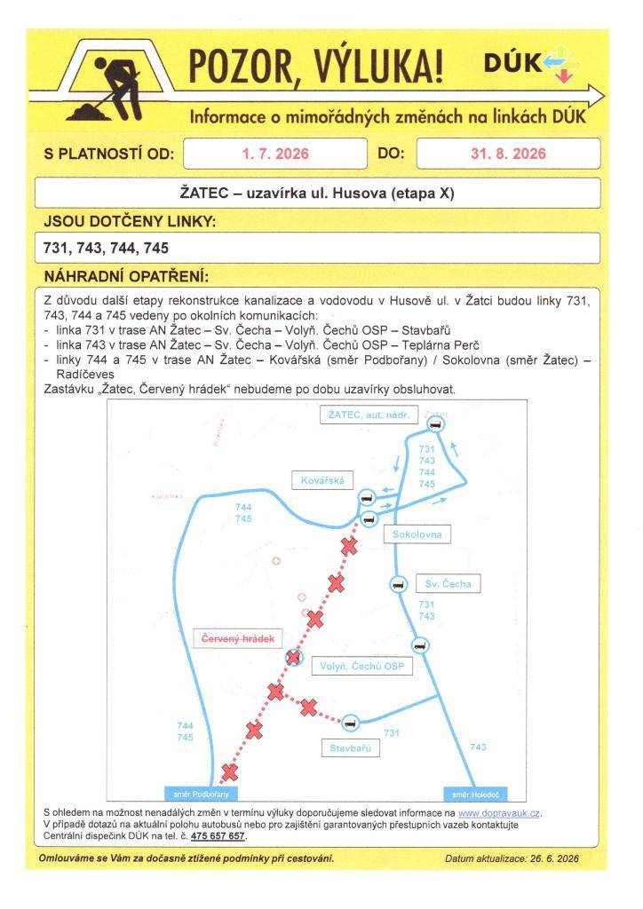 OD 1.7.2026 DO 31.8.2026 VÝLUKA - ŽATEC-uzavírka ul. Husova(etapa X)  JÍZDNÍ ŘÁDY viz. PŘÍLOHA