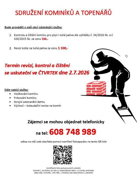 Sdružení kominíků a topenářů bude ve čtvrtek 2. 7. 2026 v naší obci provádět kontroly a čištění komínů, revize kotlů a další kominické služby.