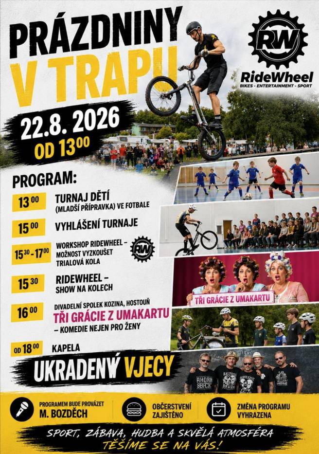 Obec Blížejov Vás srdečně zve na akci "PRÁZDNINY V TRAPU" dne 22.08.2026 od 13 hodin na hřišti v Blížejově.