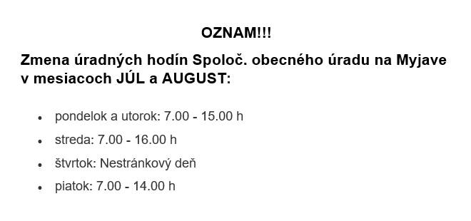 Zmena úradných hodín Spoločného obecného úradu na Myjave v letných mesiacoch