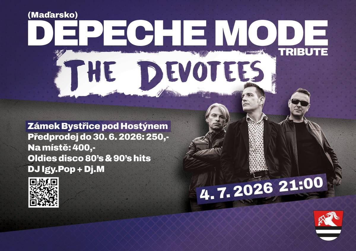 Město Bystřice pod Hostýnem zve na nejlepší evropský revival kapely Depeche Mode: The Devotees - DEPECHE MODE TRIBUTE v sobotu 4. července 2026 od 21.00 na nádvoří zámku Bystřice pod Hostýnem.  Vstupné na místě: 400 Kč.