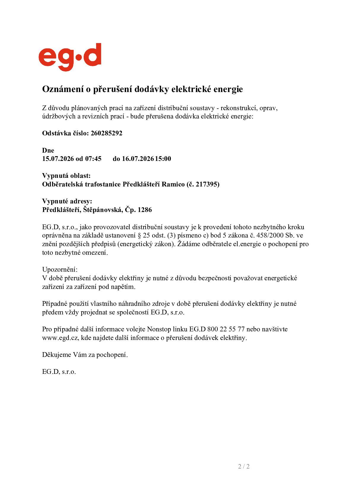 Vypnuté adresy: Předklášteří, Štěpánovská, Čp. 1286