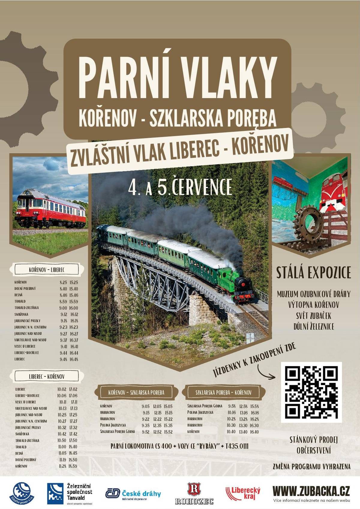 Ve dnech 4. a 5. července 2026 bude probíhat akce "Dny Zubačky". V uvedené dny pojedou v úseku Kořenov - Szklarska Poręba Górna a zpět zvláštní vlaky vedené parní lokomotivou, z tohoto důvodu jedou vlaky 2654, 2653, 2660, 2659, 2666 a 2665 pouze v úseku Liberec - Harrachov a zpět. Cestující do/ze zastávek Polana Jakuszycka, Szklarska Poręba Huta a Szklarska Poręba Górna použijí náhradní autobusovou dopravu z/do stanice Kořenov. Výlukový jízdní řád viz příloha. Upozornění: Přeprava jízdních kol se bude uskutečňovat dodávkou. Přeprava elektrokol v úseku s náhradní autobusovou dopravou je vyloučená. Přeprava kočárků bude možná pouze do vyčerpání kapacity autobusu náhradní dopravy.  Jiří Holub, České dráhy, a.s., Oblastní ředitelství osobní dopravy Střed