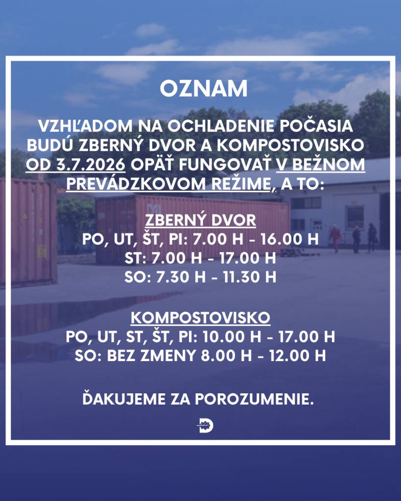 Nakoľko horúčavy pominuli a počasie sa ochladilo, zberný dvor a kompostovisko budú opäť otvorené v štandardných prevádzkových hodinách.