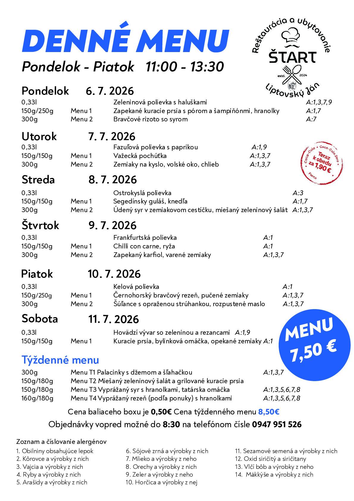 Nech sa páči, denné menu na ďalší týždeň.