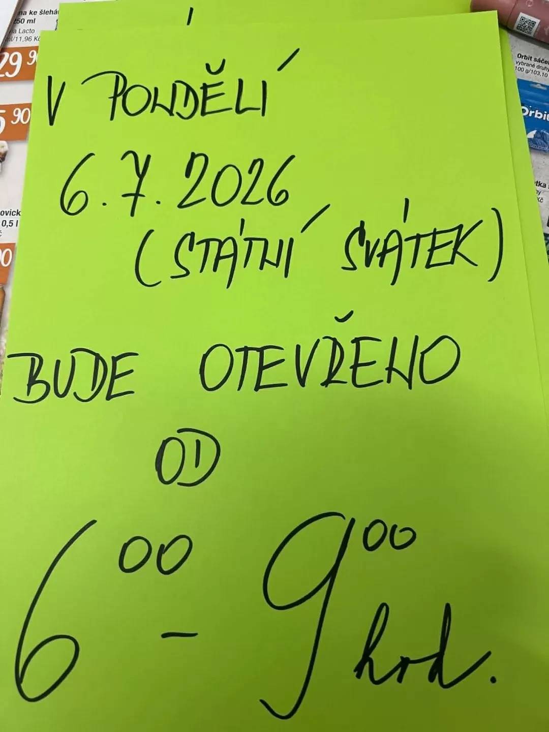 V pondělí 6.7., ve státní svátek, bude prodejna COOP v Černé otevřena v čase 6:00-9:00 hodin. Prosím o případnou objednávku pečiva do pátku 3.7. Děkuji.