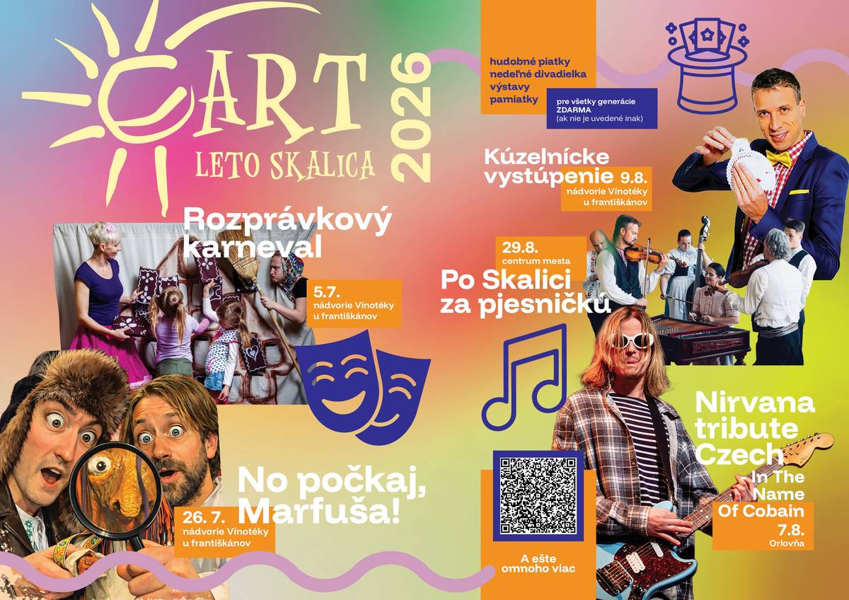 Od piatku 3. júla ožije Skalica bohatým kultúrnym programom. Celé to odštartujeme koncertom kapely Bylo nás 5, ktorá prinesie namixovanú dávku funky, swingu a popu, a v nedeľu sa deti zabavia na Rozprávkovom karnevale s divadlom Kejkle. Počas celého leta budú piatkové večery patriť koncertom s pestrou škálou hudobných žánrov a nedele zasa odomknú svet fantázie vďaka hravým detským divadielkam. Mesto rozozvučia aj cimbalovky či festival Musica Sacra Skalica, kde vystúpia poprední slovenskí i zahraniční umelci venujúci sa sakrálnej a organovej hudbe. Najočakávanejším momentom celého programu je koncert českej formácie NIRVANA Tribute – In the name of Cobain. Nenechajte si ujsť legendárne grunge hity v podaní jedného z najlepších revivalov v strednej Európe priamo v skalickej Orlovni! Vstup na podujatia je voľný (ak nie je uvedené inak). Kompletný program a podrobnosti nájdete tu: https://www.skalica.sk/oznamy/artleto-zacina-v-piatok-koncertom-v-nedelu-rozpravkovym-karnevalom-5122sk.html Viac sa o ARTlete dočítate tu: https://www.skalica.sk/oznamy/artleto-zacina-v-piatok-koncertom-v-nedelu-rozpravkovym-karnevalom-5122sk.html