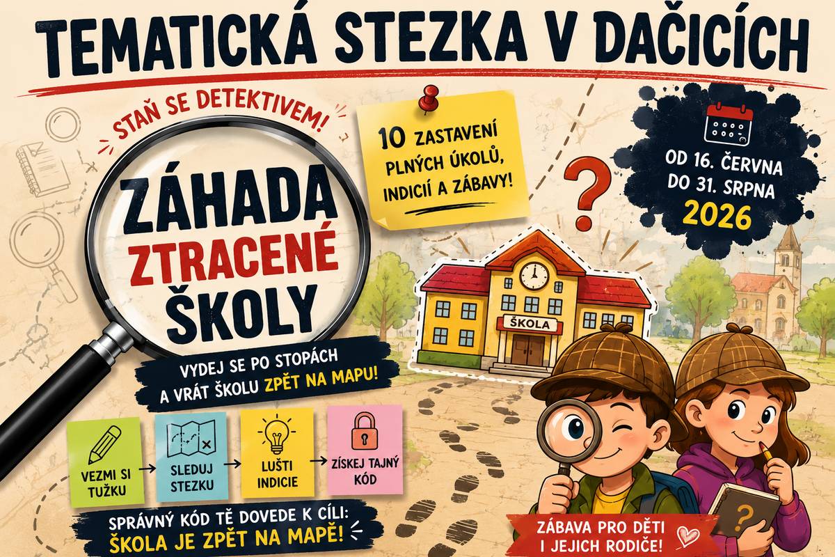 Projděte s dětmi stezku plnou úkolů, hádanek a tajných indicií v centru města. Na konci stezky získáte tajemný číselný kód, který zadáte na speciální webové stránce. Pokud bude správný, objeví se důležitá zpráva.      Na stezce vás čeká 10 stanovišť a 2 stupně obtížnosti. Stezka začíná u knihobudky na Palackého náměstí, pokračuje přes lávku k vlakovému nádraží, odsud kolem stadionu a domu dětí a mládeže zpět na Palackého náměstí. Kartičku a mapu si vyzvednete v knihobudce nebo v infocentru, případně stáhnete online na webových stránkách města. Vyplněnou kartičku i s vaším telefonním číslem odevzdejte do konce prázdnin u nás v infocentru nebo do schránky podatelny na vratech čp. 2. V září vylosujeme ze všech soutěžících 20 dětí, které od nás získají drobné odměny.  Věříme, že si letošní detektivní stezku užijete a zpestříte dětem některý z prázdninových dní strávených v Dačicích!