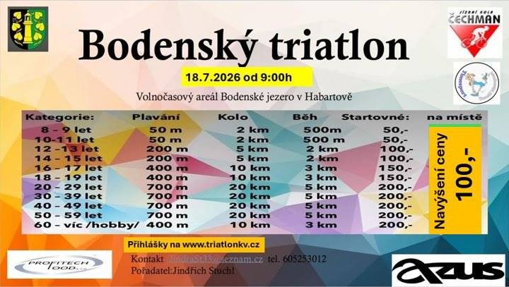 Dne 18.7.2026 se bude konat další ročník Bodenského triatlonu. Více informací v přiloženém letáku.