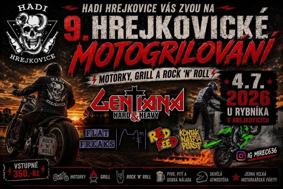 HADI Hrejkovice Vás zvou na tradiční letní hrejkovické motogrilování, které se uskuteční v sobotu 4.7.2026 na hřišti u Hrejkovického rybníku.