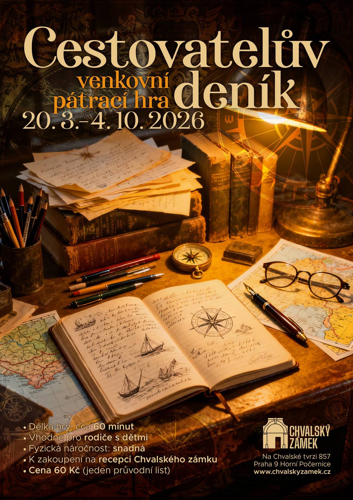1. 7. – 31. 7. 2026 Chvalský zámek  I o prázdninách máme pro vás připravenu dobrodružnou venkovní hru – Cestovatelův deník. Hlavní hrdina příběhu William Train pokračuje na své pouti kolem světa na další světadíly. Jeho cesta nyní směřuje do Asie – největšího kontinentu světa. A ani tentokrát to však se svou posádkou nebude mít jednoduché. Anonymní záškodník pro ně i tentokrát připravil sadu záludných geografických hádanek. Pomozte Trainovi vypořádat se s hádankami a možná poodkrýt, kdo za těmi zlotřilými činy stojí. Cena: 60 Kč