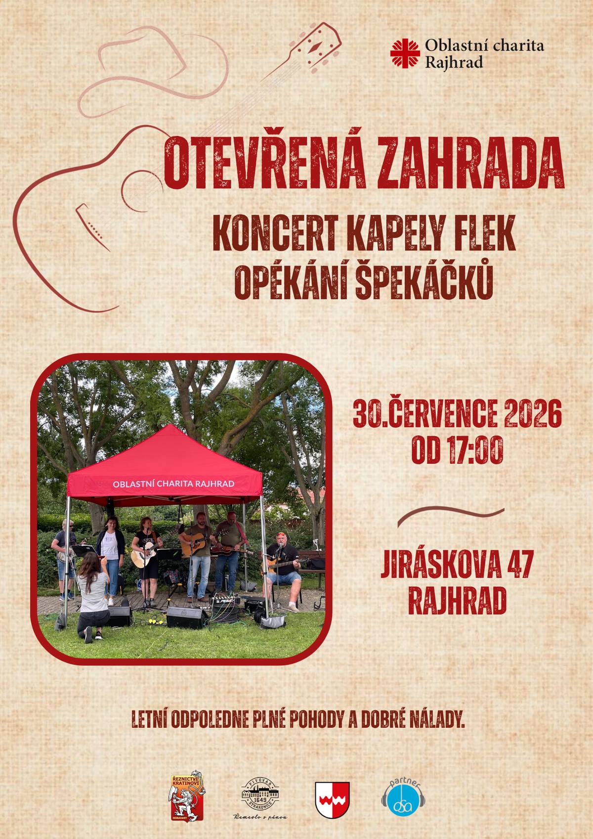 Oblastní charita Rajhrad zve občany na akci konanou dne 30.7.2026 - otevřená zahrada, koncert kapely Flek s opékáním špekáčků. Nabízí ve svém areálu i posezení v kavárně Slunečnice. Dále hledá nové dobrovolníky. Více informací naleznete v přílohách.